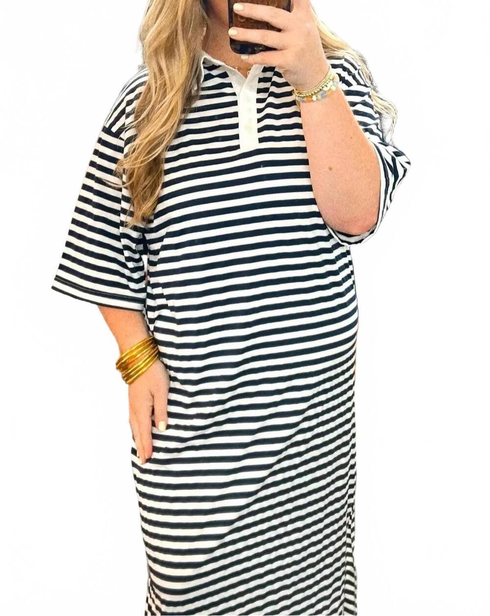 NEW VINE & LOVE women's leah midi dress in navy stripe